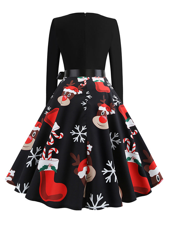 Fashionable Christmas Santa Claus Printed Knee Length Fit Flared Christmas Gift Dress Black for Women Back View