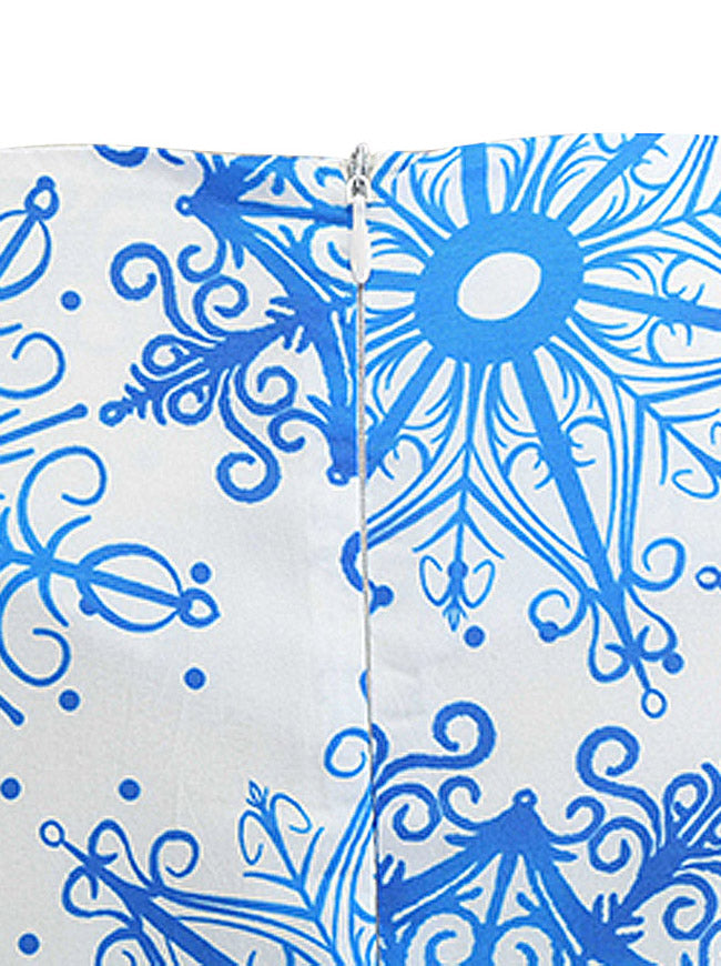 Blue Elegant Long Sleeves Snowflake Pattern Round Neck Tea Length Dress for Women Detail View