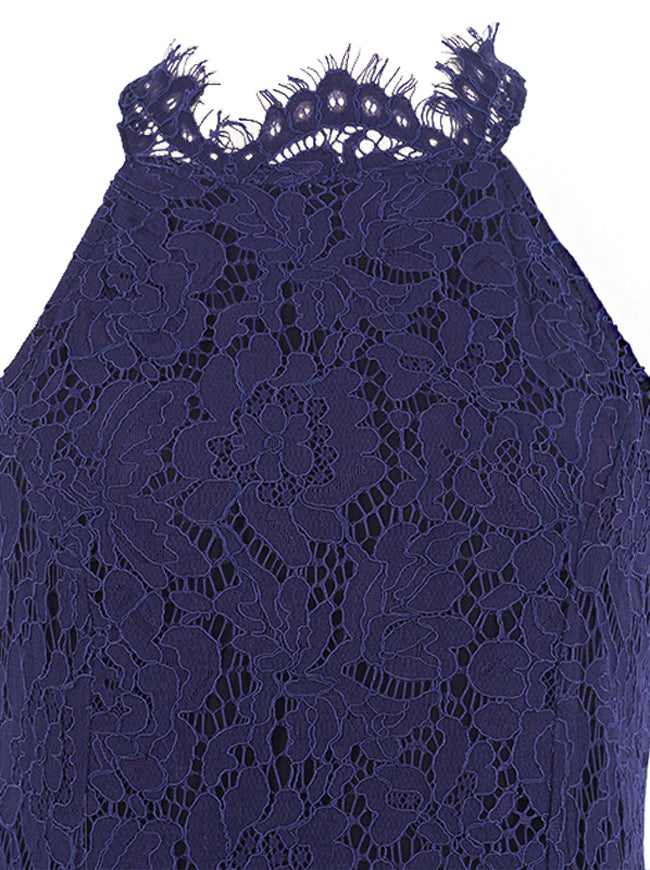 Scalloped Floral Chocker High Waist Sexy Lace Blue Mini Wedding Party Dress for Women Detail View