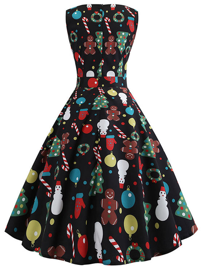 Red and Green Vintage 1950s Style Christmas Pattern Sleeveless Cocktail Party Dress for Women Back View