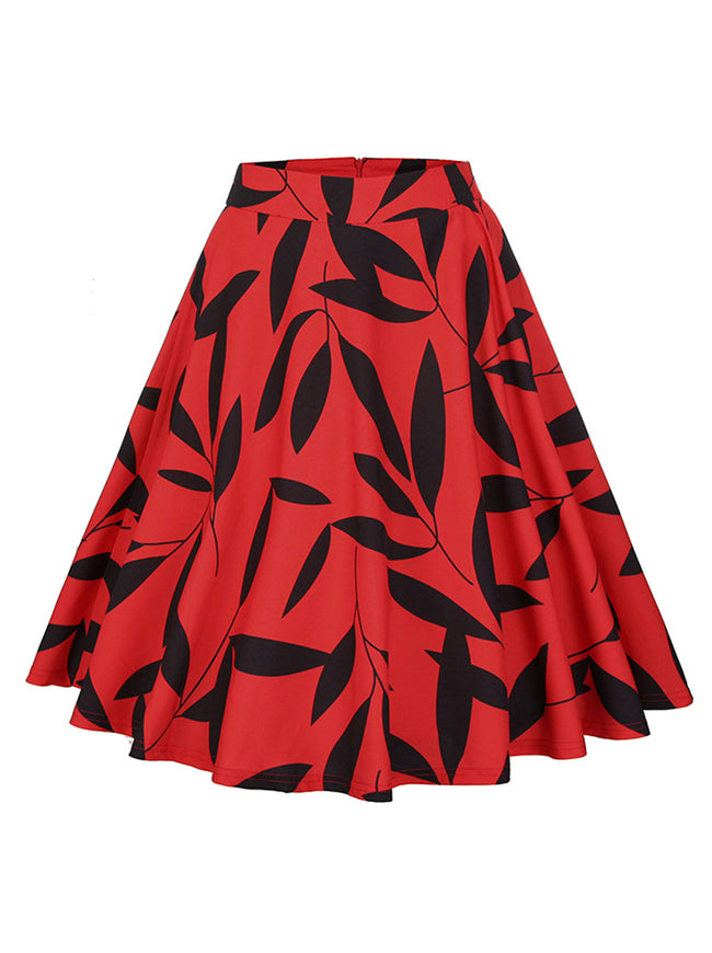 Retro Rockabilly Knee Length Leaf Print Flare Skirt