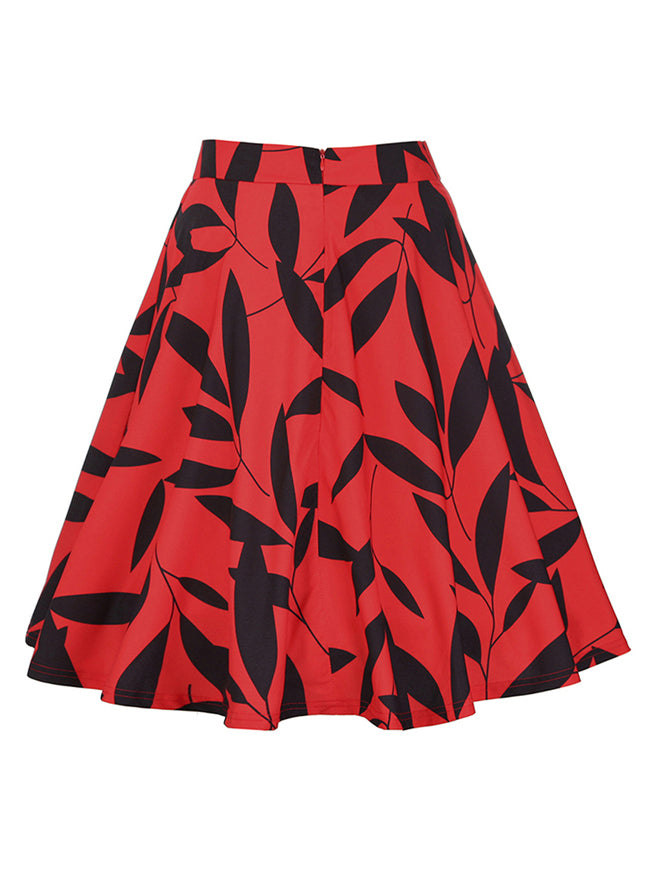 Retro Rockabilly Knee Length Leaf Print Flare Skirt