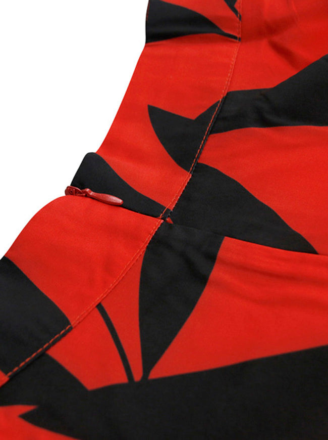 Retro Rockabilly Knee Length Leaf Print Flare Skirt