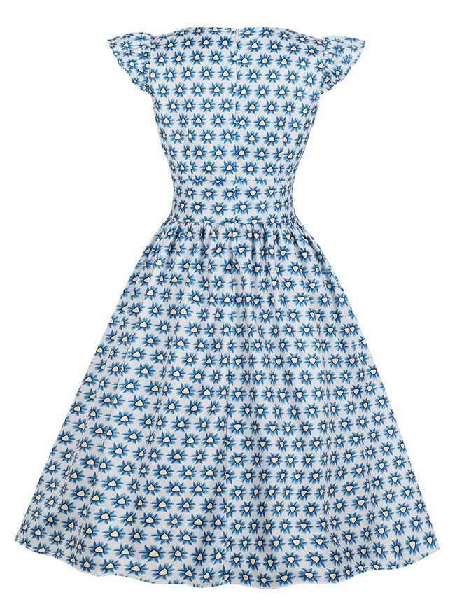 Rockabilly Pinup Flared V-Neck Floral Print Pleated Casual Picnic Dating Dress Detail View