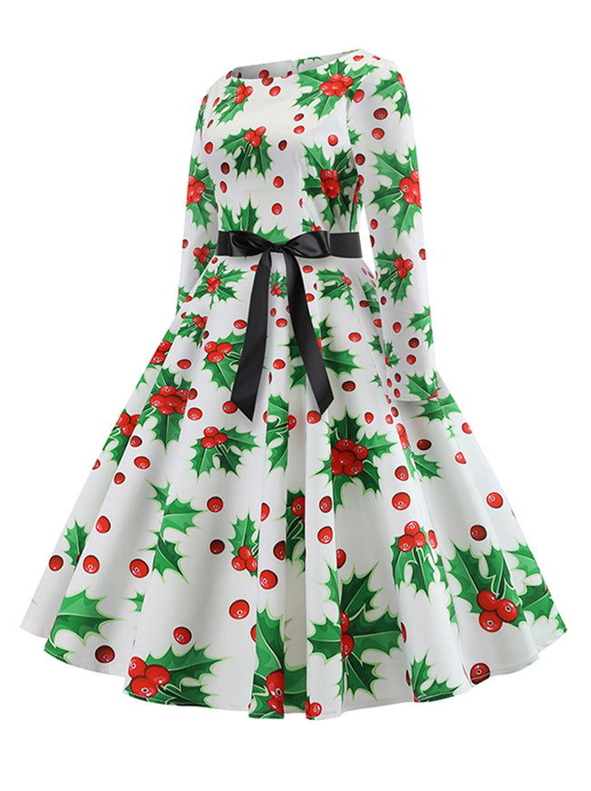 Green White Printed Spring Formal Elegant High Waist Casual Fall Tea Swing Dress for Women Side View