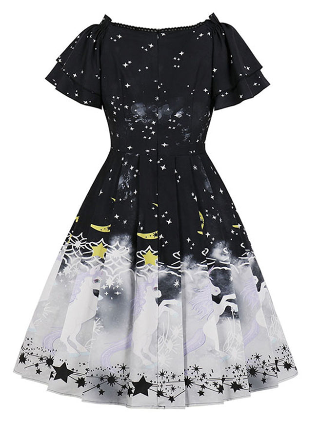 Francy Unicorn Pattern Printed Retro Style A-Line Chiffon Casual Dress Back View