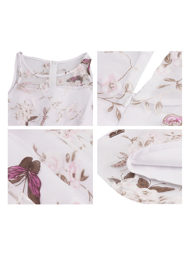 Vintage Inspired Vivid Floral Butterfly Patterns Organza Mesh Overlay Above Knee Length Dating Night Dress Detail View
