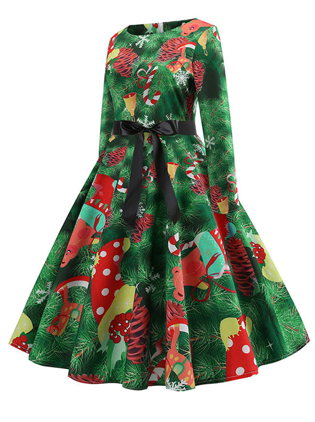 1950s Retro Xmas Tree Rockabilly Green Red Skater Printed Spring Formal Dress Back View