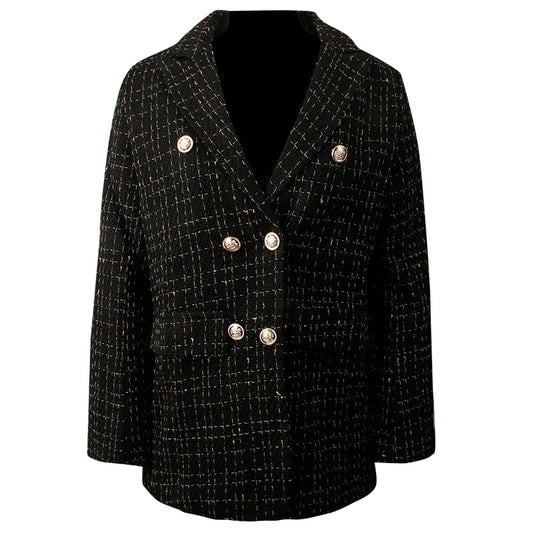 Killreal Women's Tweed Blazers Business Casual Long Sleeve Double Breasted Jackets Open Front Work Suits Black