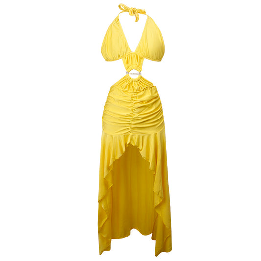Killreal Women's Sexy Deep V Neck Halter Backless Plunge Irregular Ruffle Hem Masquerade Costumes Dress Yellow