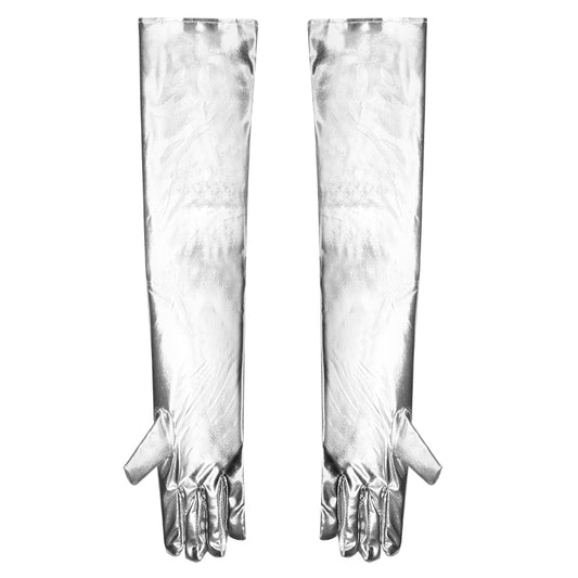 Killreal Long Leather Fingerless Gloves Women Faux Leather PU Opera Costume Arm Sleeves Silver