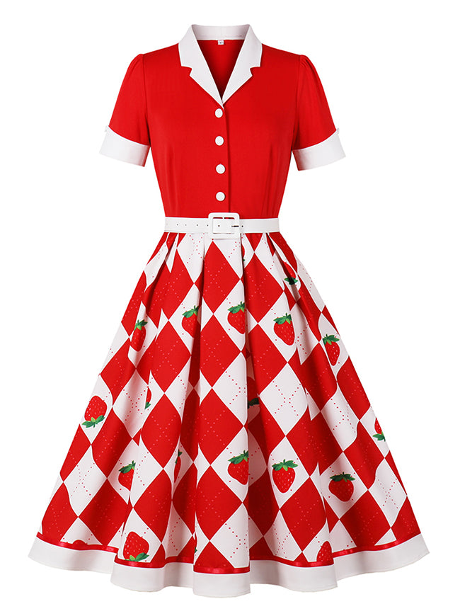 Women's 1950s Vintage Strawberry Print Short-Sleeve A-Line Swing Party Midi Dress Red Main View