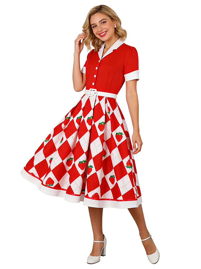 Vintage Dresses for Women 1950s A Line Dresses Strawberry Print Back View