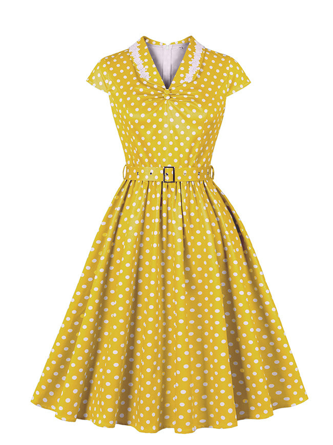 Women 50s Vintage Rockabilly Polka Dot Cap Sleeve A-Line Swing Midi Dress with Belt Yellow Main View