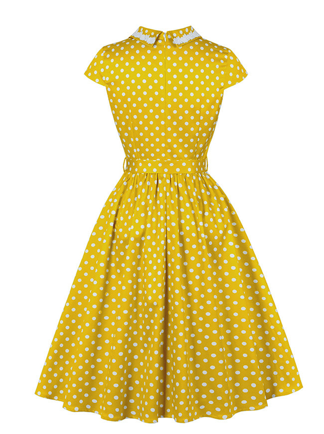 Polka Dot Midi Swing Dress for Women Wedding Guest Detail View