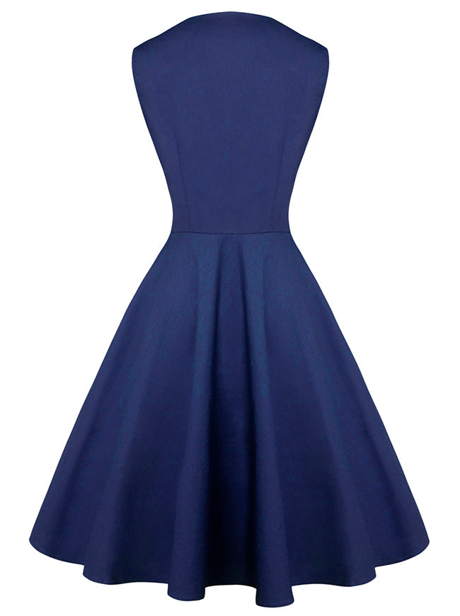Retro Sleeveless Daily Tea Party Midi Spring Summer Ruffle Dresses for Women Back View