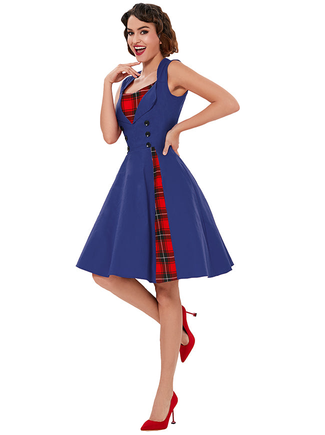 Vintage Elegant Casual Round Neck Sleeveless Plaid Cocktail Party Dress Side View