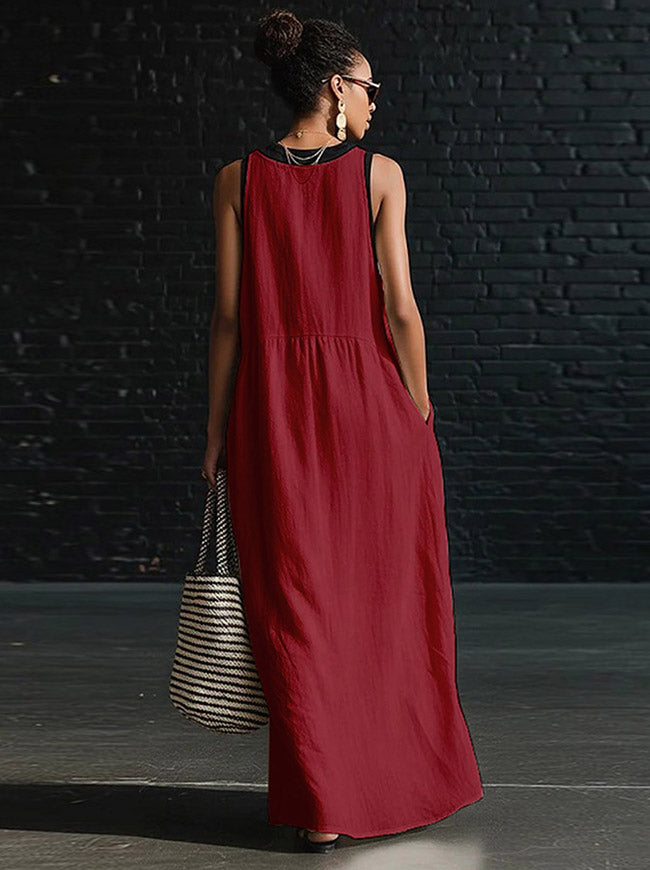Retro Sleeveless Wedding Guest Beach Vacation Casual V Neck Split Flowy Maxi Dresses Main View