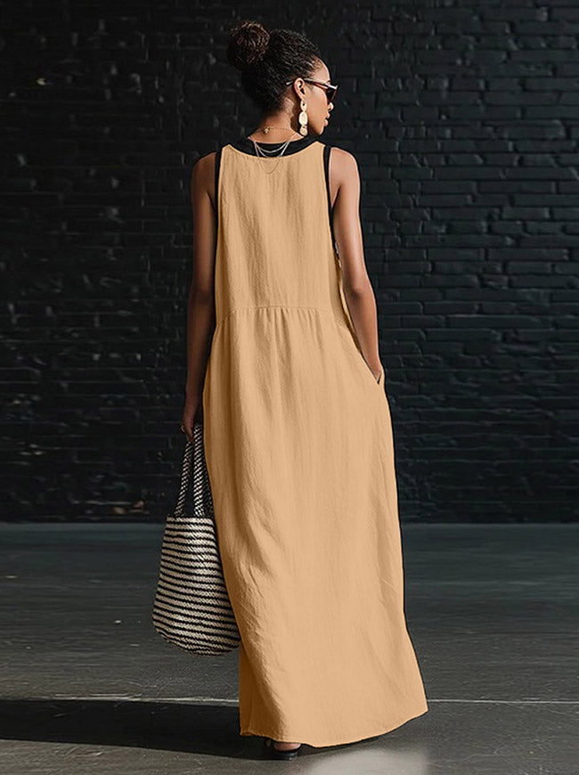 Retro Sleeveless Wedding Guest Beach Vacation Casual V Neck Split Flowy Maxi Dresses Main View