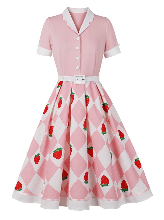 Women's 1950s Vintage Strawberry Print Short-Sleeve A-Line Swing Party Midi Dress Pink Main View