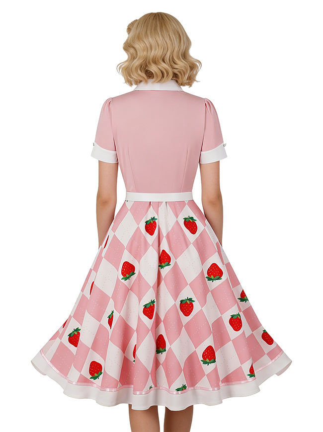Short Sleeve Holiday Party High Waist Dress 50S Style Model View