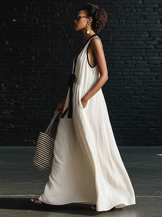 Retro Sleeveless Wedding Guest Beach Vacation Casual V Neck Split Flowy Maxi Dresses Main View