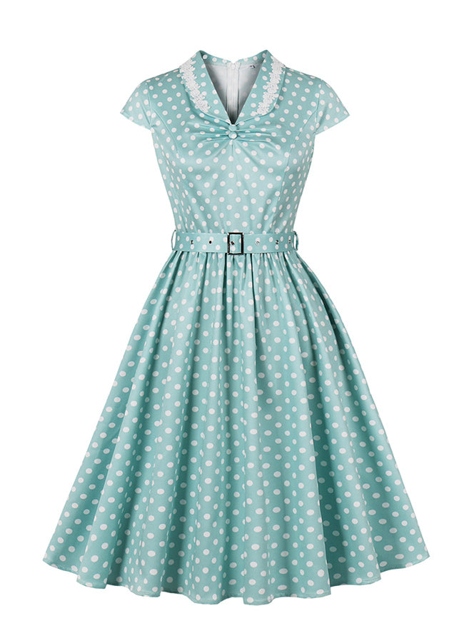 Women 50s Vintage Rockabilly Polka Dot Cap Sleeve A-Line Swing Midi Dress with Belt Green Main View
