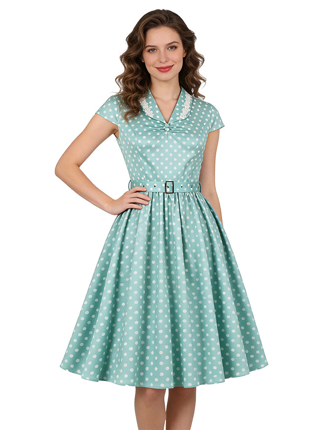 Women 50s Style Polka Dot Garden Picnic Dress Back View