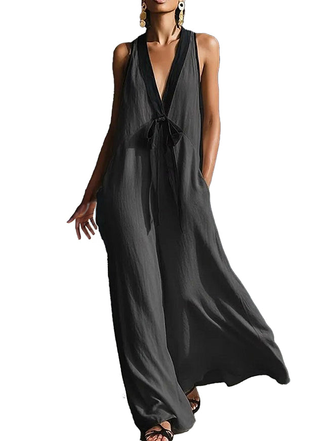 Vintage V Neck Sleeveless Beach Vacation Party Maxi Dress Main Image