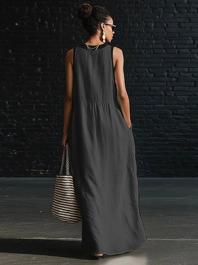 Retro Sleeveless Wedding Guest Beach Vacation Casual V Neck Split Flowy Maxi Dresses Main View