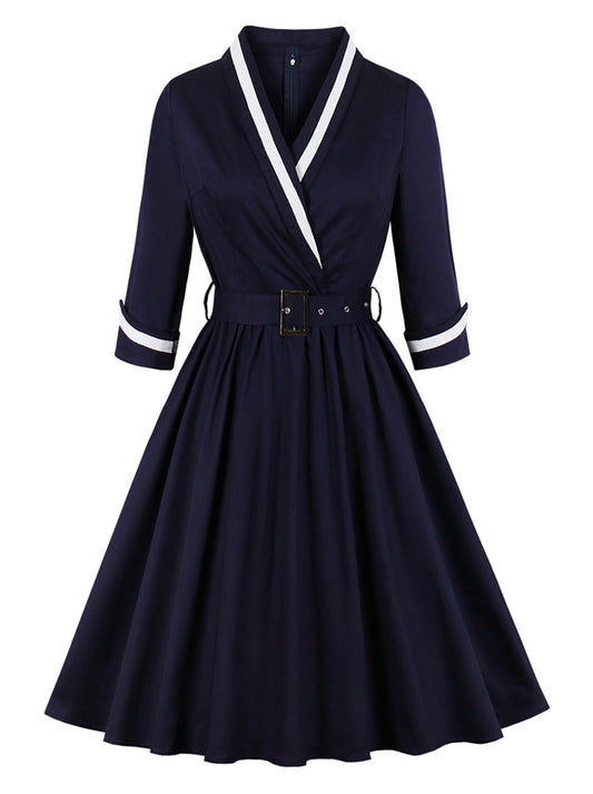 Retro V Neck Elegant 3/4 Sleeve Puffy Swing Pleated Swing Dress with Belt