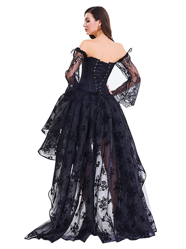 Black Embroidery Lace Long Sleeve Steampunk Bustier Corset with Skirt Set for Women Model Show Side View