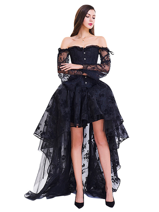 Black Vintage Beautiful Long Flared Sleeve Halloween Party Corset with Skirt Set for Women Model Show Side View