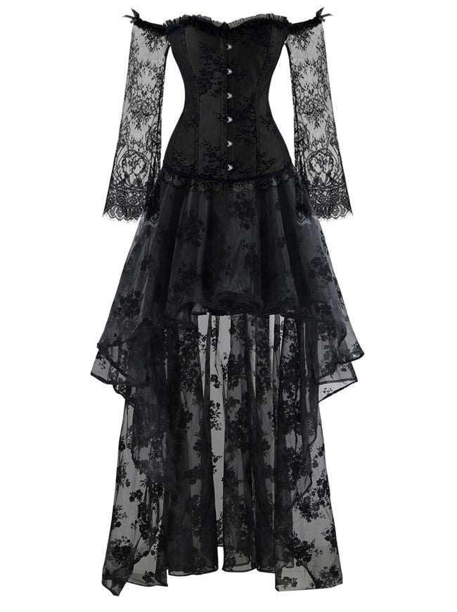 Black Elegant Embroidery Pattern Corset Top with Overbust Corset Top with High Low Skirt Set for Women Main View