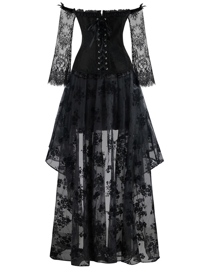 Black Sexy Retro Gothic Victorian Off Shoulder Long Flared Sleeve Corset with High Low Tutu Skirt for Women Back View
