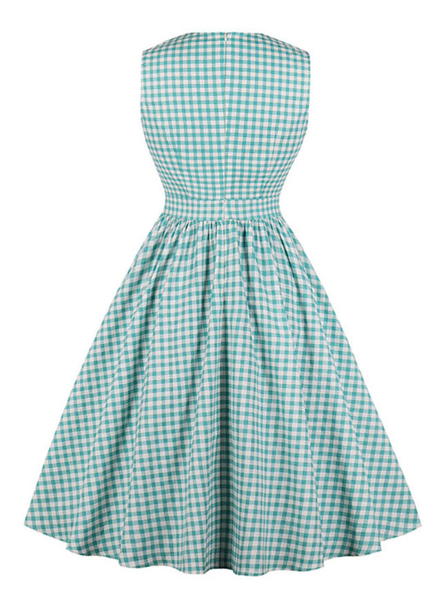 Vintage 50s Retro Sleeveless V-Neck Pockets Plaid Swing Dress