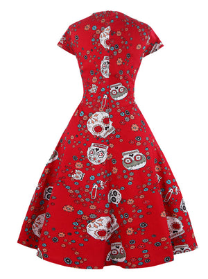 White Elegant Red Skull Floral Print Fit and Flared Style Pin Up Style Rockabilly Midi Dress for Women Back View