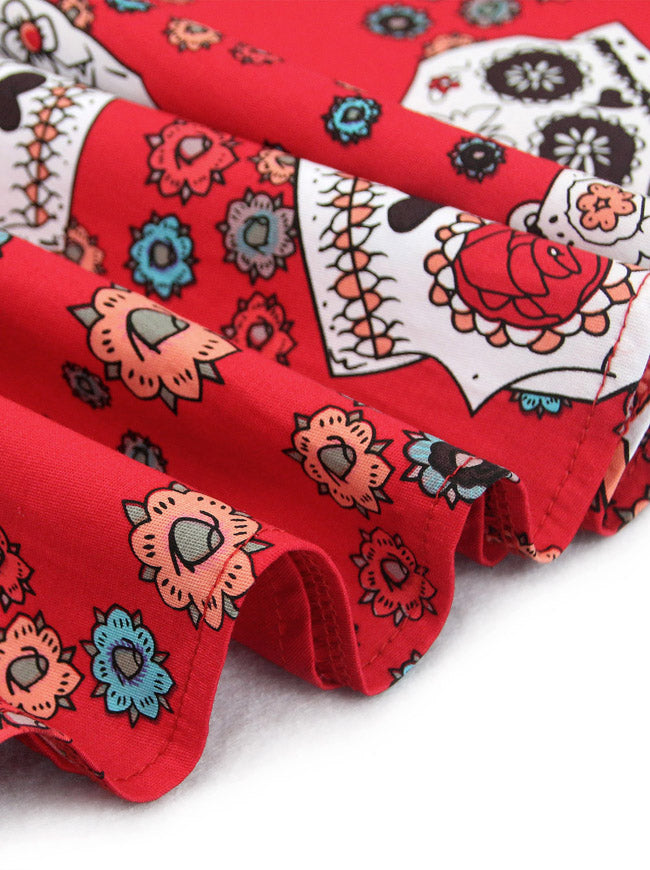 White Red Vivid Rock Fashion Gothic Sugar Skull Print Fit and Flared Knee Length Halloween Dress for Women Detail View