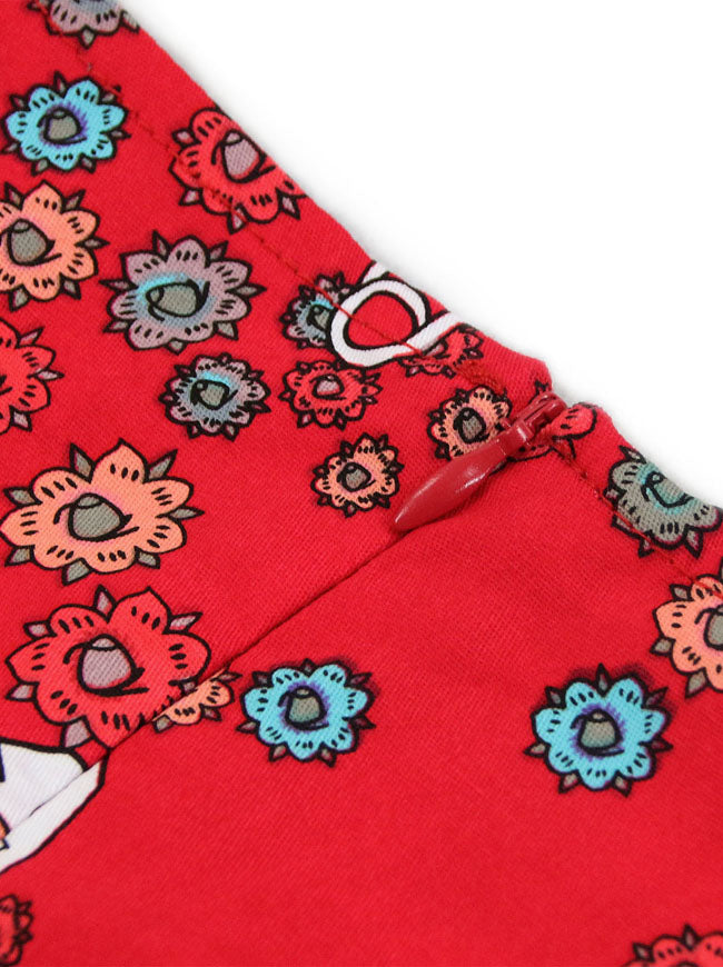 Colorful Floral Pattern High Waisted Fit Flare Style Red Other Special Occasions Midi Dress for Women Detail View