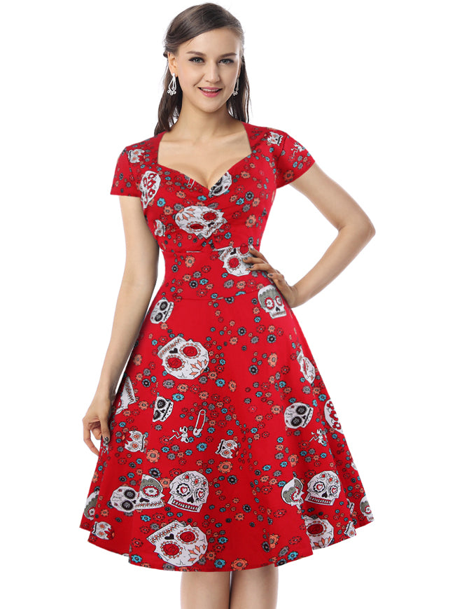 Vintage 50s Retro Party Skull Print Rockabilly Halloween Dress Model Show Main View