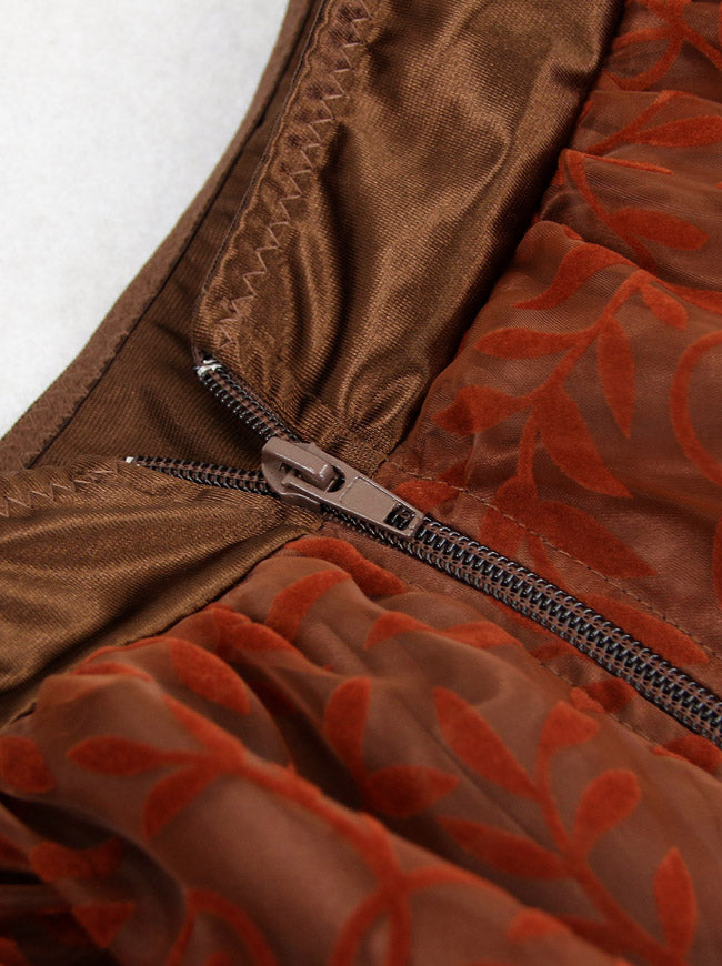 Brown Vintage Puffy Long Gothic Asymmetric Floral Ruffle Short Skirt For Women Detail View
