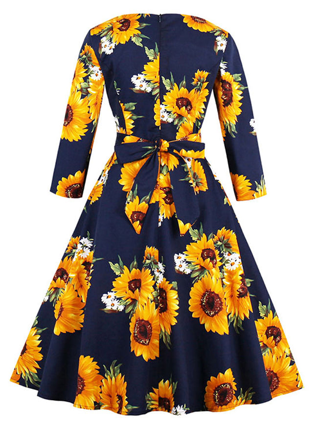 Vintage Floral Sunflower Print Blue 3/4 Sleeve Floral Wear to Work Dress  with Belted for Women Detail View