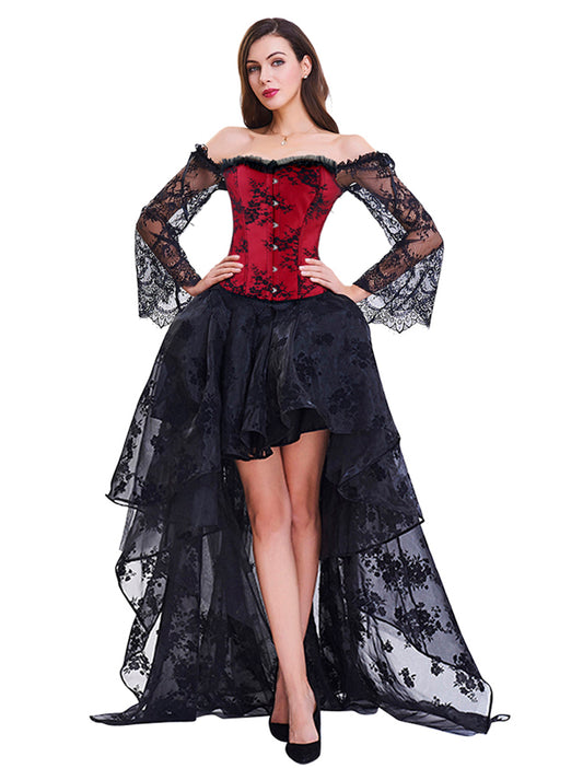 Vintage Steampunk Victorian Off Shoulder Overbust Lace Corset With High Low Skirt Set Model Show Main View