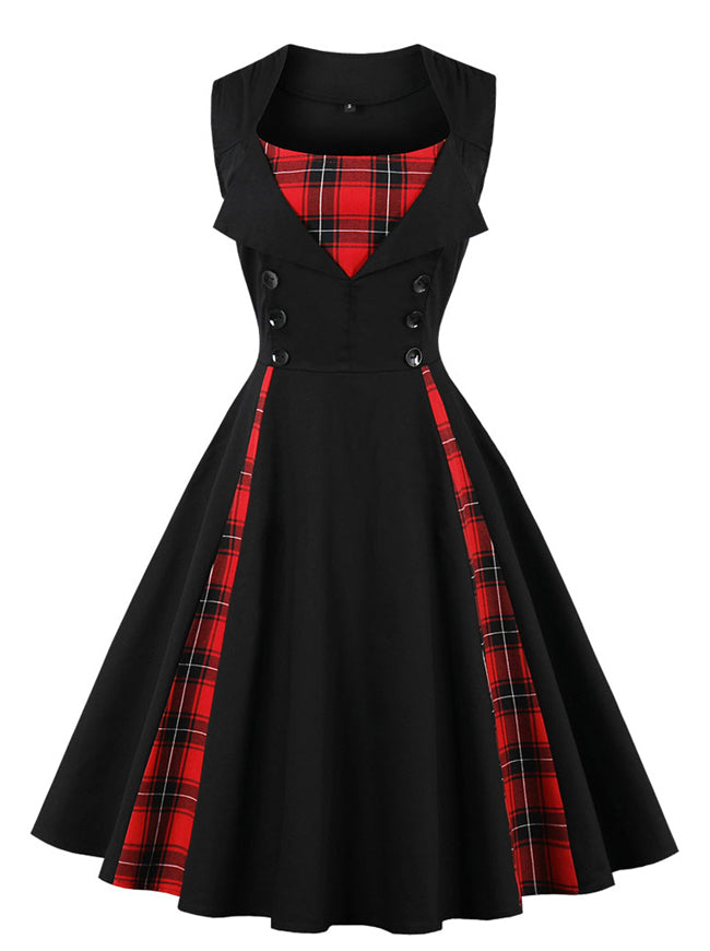 1950s Style Retro Vintage Rockabilly Dress with Plaid Patchwork