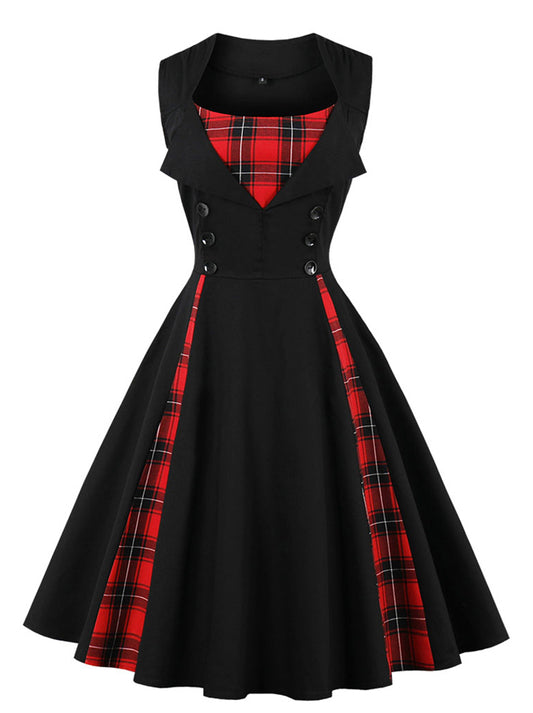 1950s Style Retro Vintage Rockabilly Dress with Plaid Patchwork
