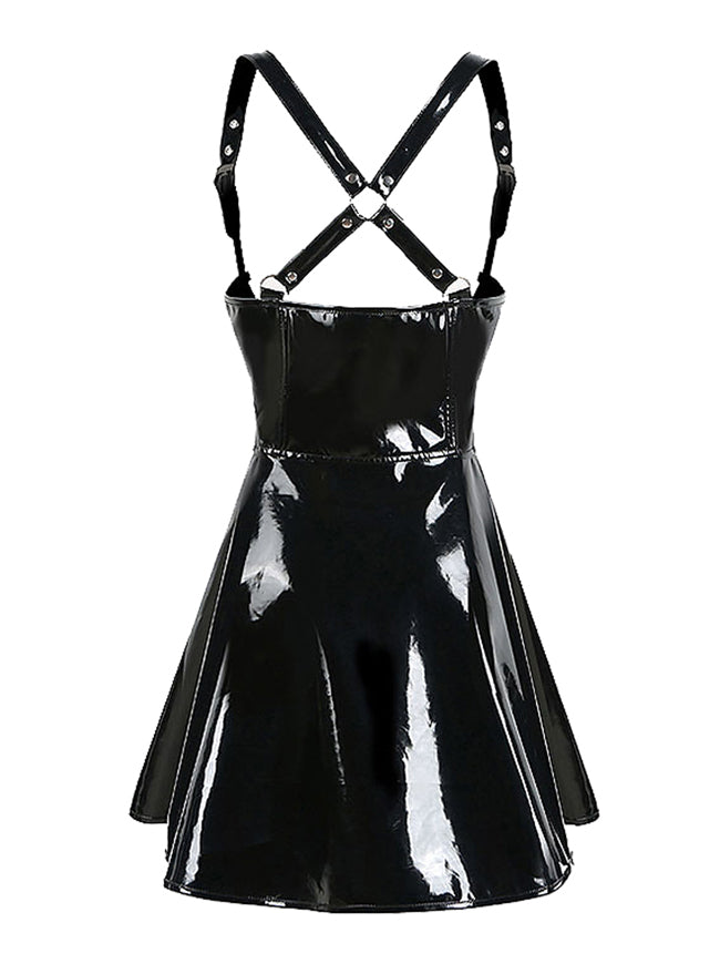 Black Punk Rock Gothic Steampunk Clothing Exotic Clubwear Outfits Womens Backless Leather Mini Dress Skirt Back View