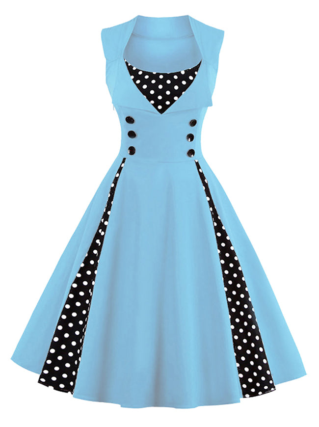 Sleeveless Rockabilly Casual Vintage Party Cocktail Dress with Polka Dot Patchwork