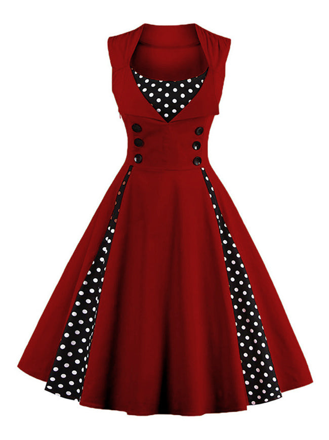 Vintage Polka Dot Print A-Line Sleeveless Cocktail Party Casual Dress