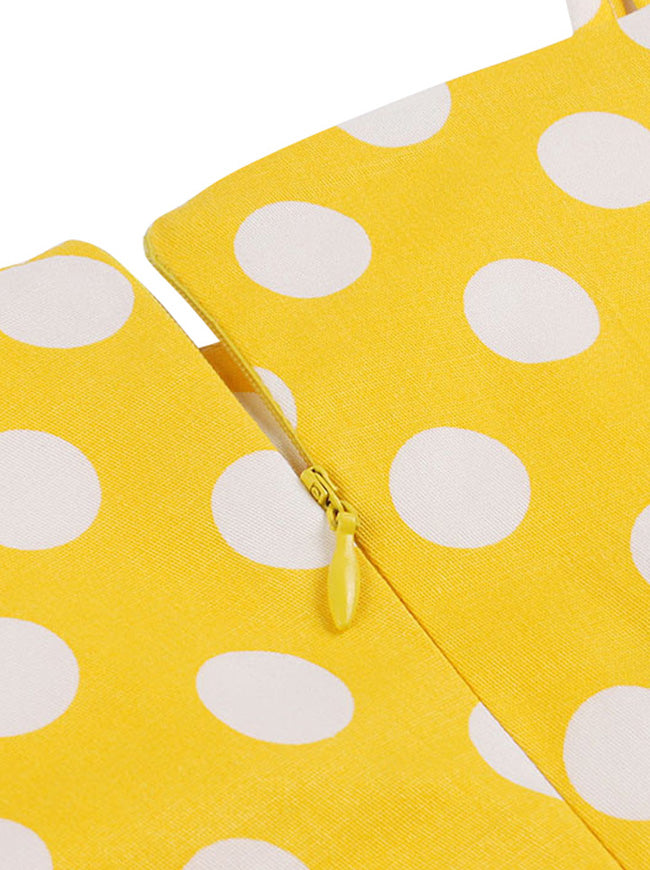 Elegant White Polka Dot Yellow Formal High Waist Square Neckline Rockabilly Midi Dress for Women Detail View