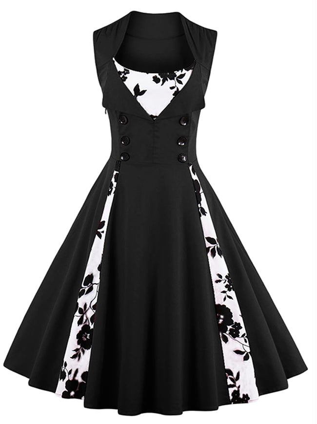 Vintage Floral Print Sleeveless Casual Rockabilly Cocktail Dress